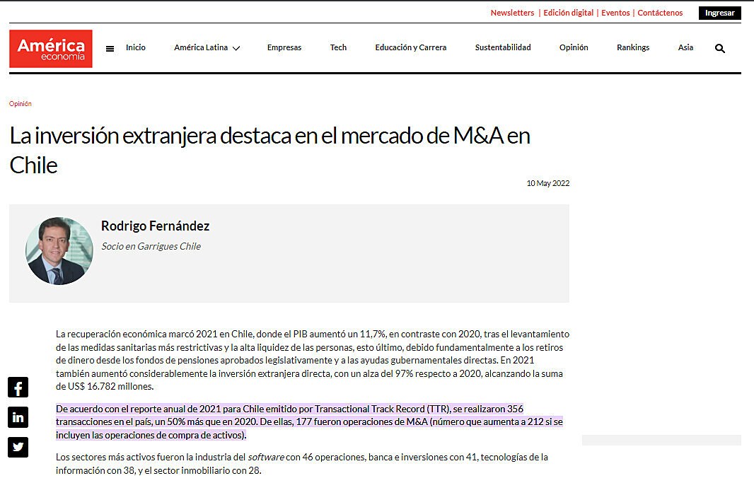 Opinin La inversin extranjera destaca en el mercado de M&A en Chile